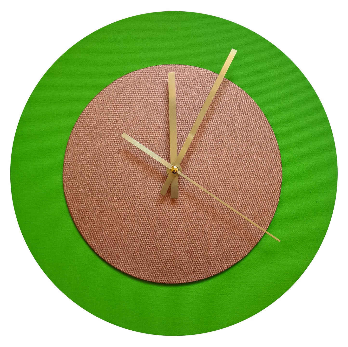 Pop Art Wanduhr Hellgrün  Bronzefarben mit goldenen Zeigern 30 cm rund
