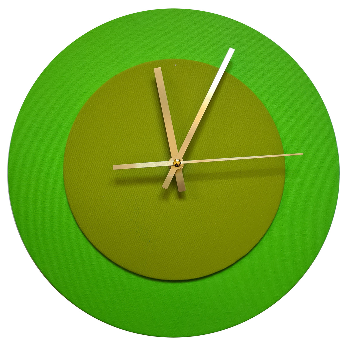 Pop Art Wanduhr Hellgrün  Olivgrün mit goldenen Zeigern 30 cm rund
