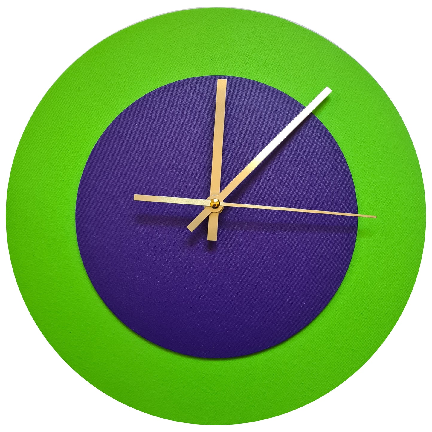 Pop Art Wanduhr Hellgrün  Lilafarben mit goldenen Zeigern 30 cm rund
