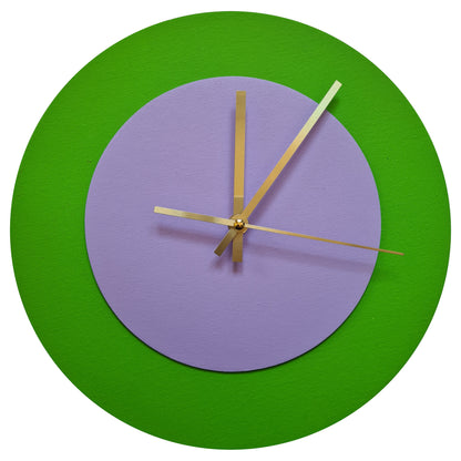 Pop Art Wanduhr Hellgrün  Fliederfarben mit goldenen Zeigern 30 cm rund
