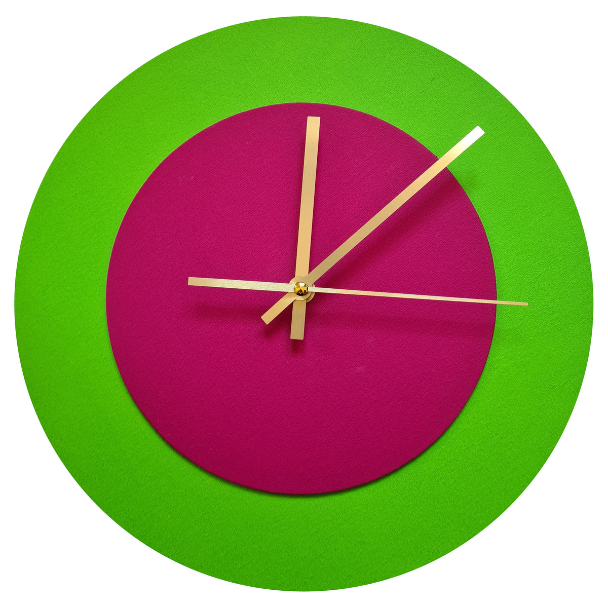 Pop Art Wanduhr Hellgrün  Magentafarben mit goldenen Zeigern 30 cm rund

