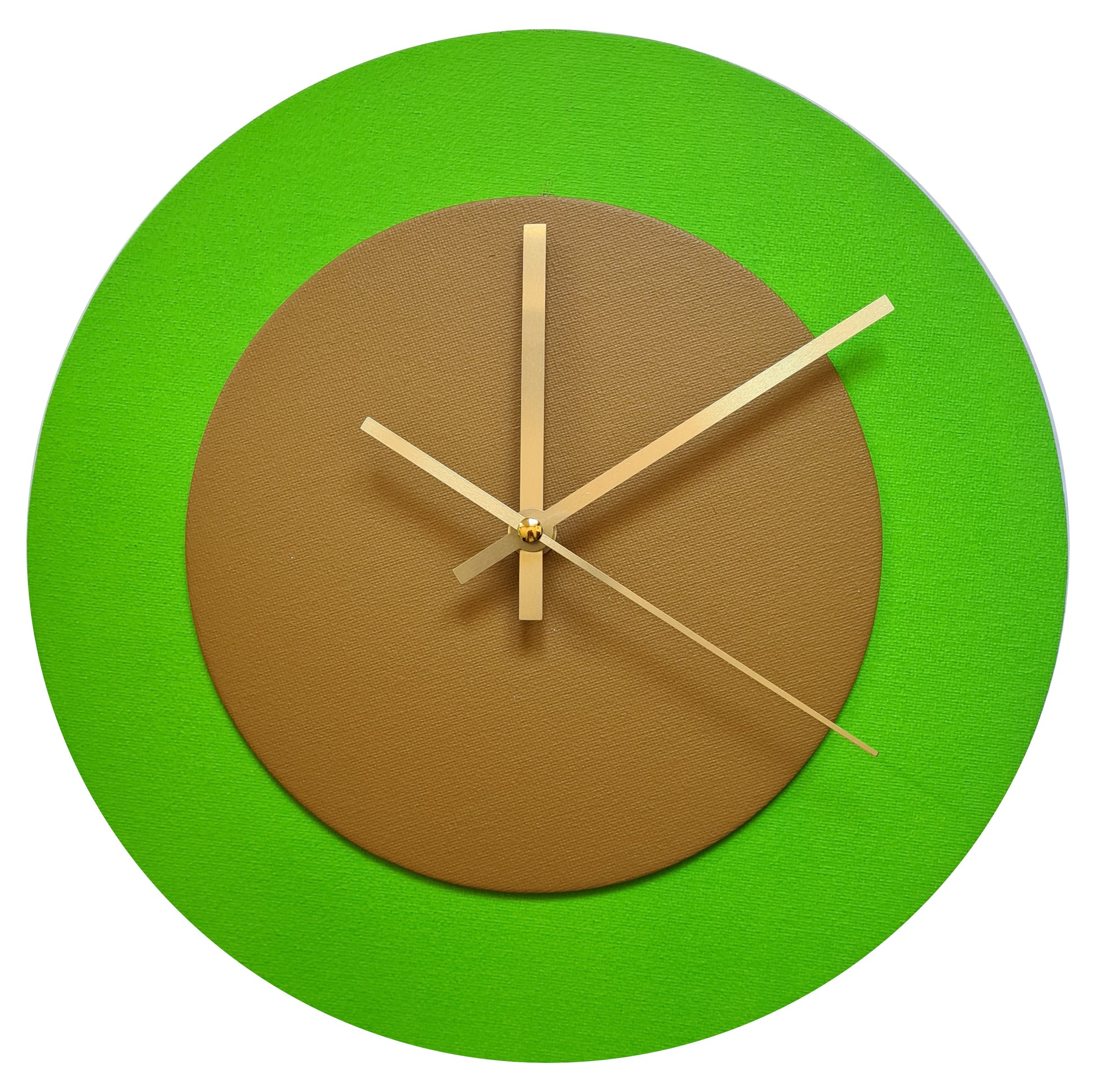 Pop Art Wanduhr Hellgrün  Hellbraun mit goldenen Zeigern 30 cm rund
