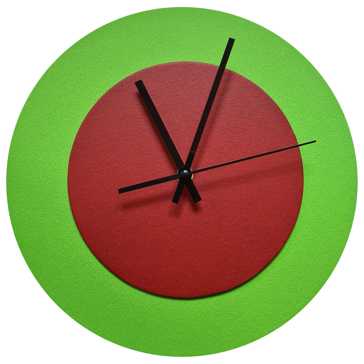 Pop Art Wanduhr Hellgrün  Dunkelrot mit  schwarzen Zeigern 30 cm rund
