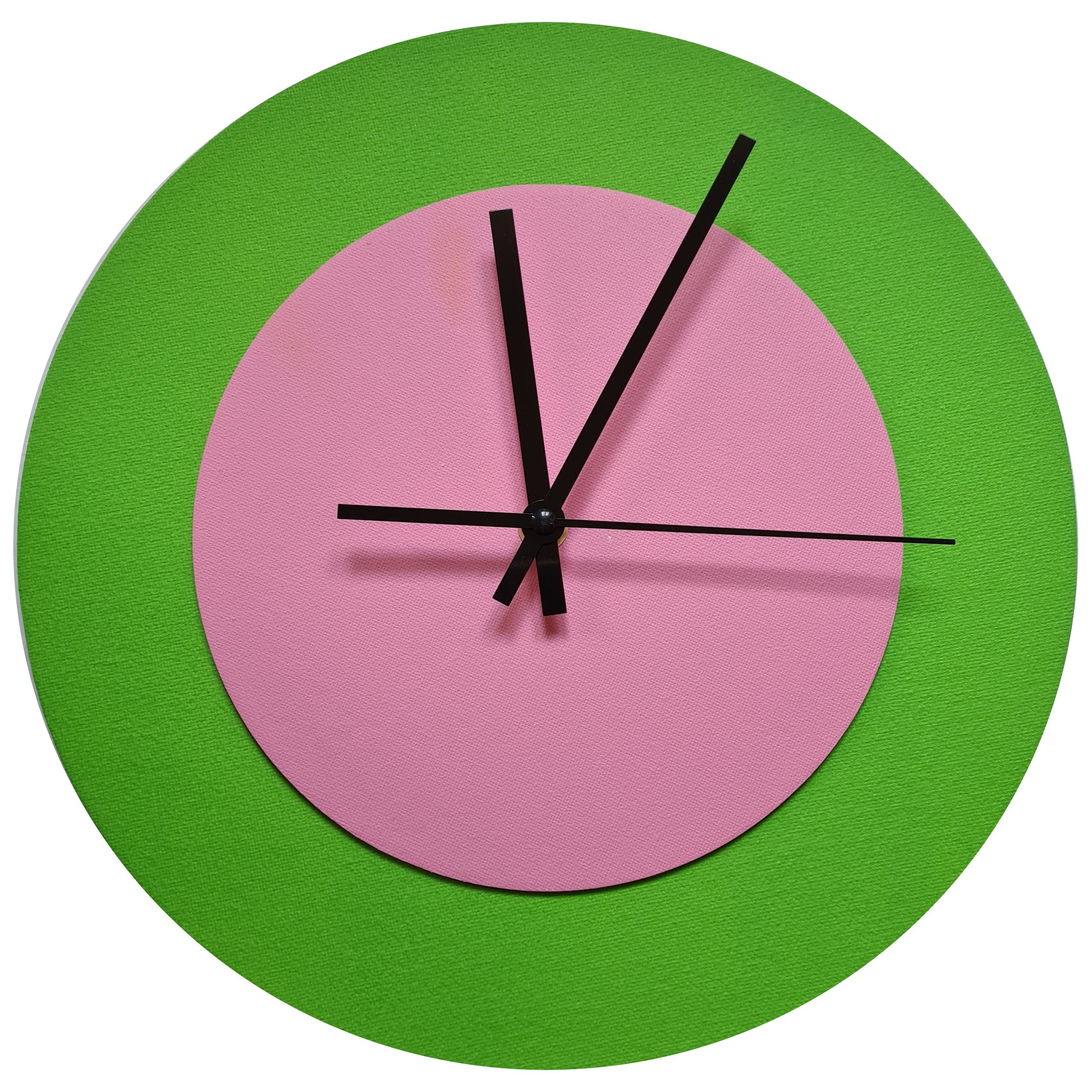 Pop Art Wanduhr Hellgrün  Rosafarben mit schwarzen Zeigern 30 cm rund

