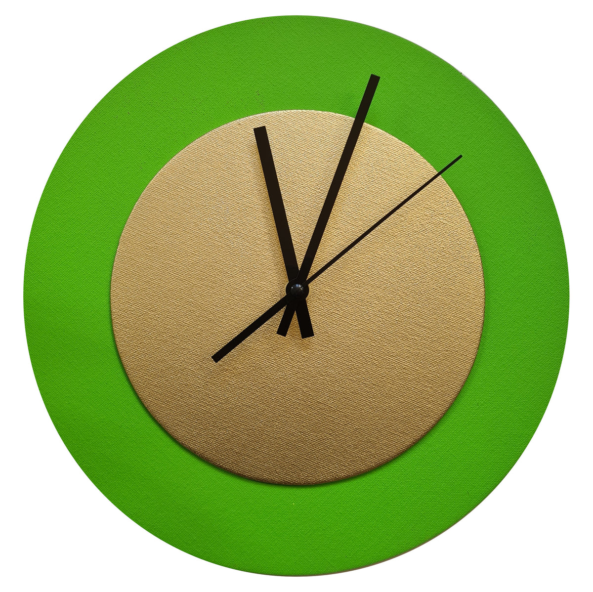 Pop Art Wanduhr Hellgrün Goldfarben  mit schwarzen Zeigern 30 cm rund
