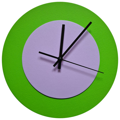 Pop Art Wanduhr Hellgrün  Fliederfarben mit schwarzen Zeigern 30 cm rund

