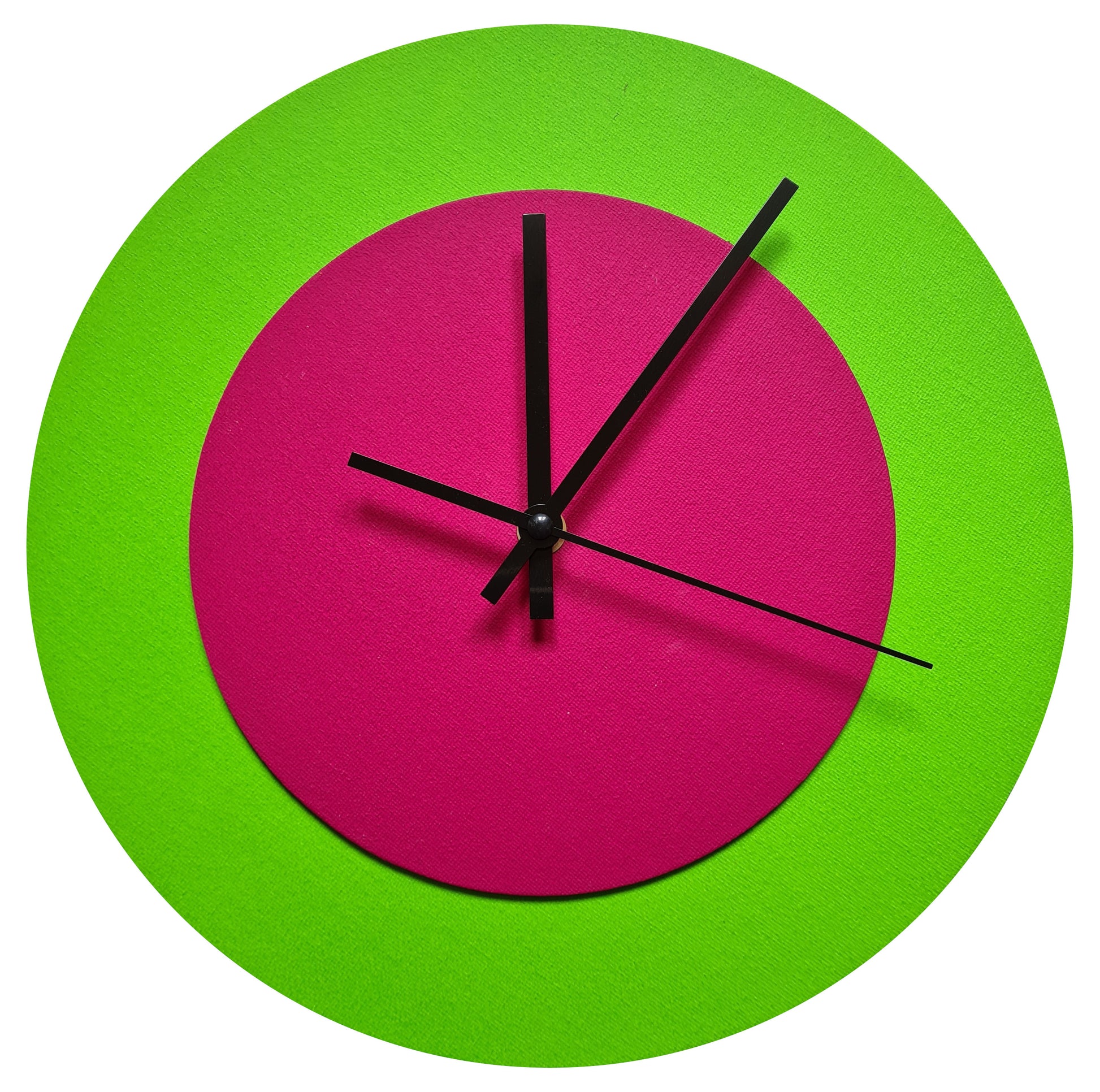 Pop Art Wanduhr Hellgrün  Magentafarben mit schwarzen Zeigern 30 cm rund
