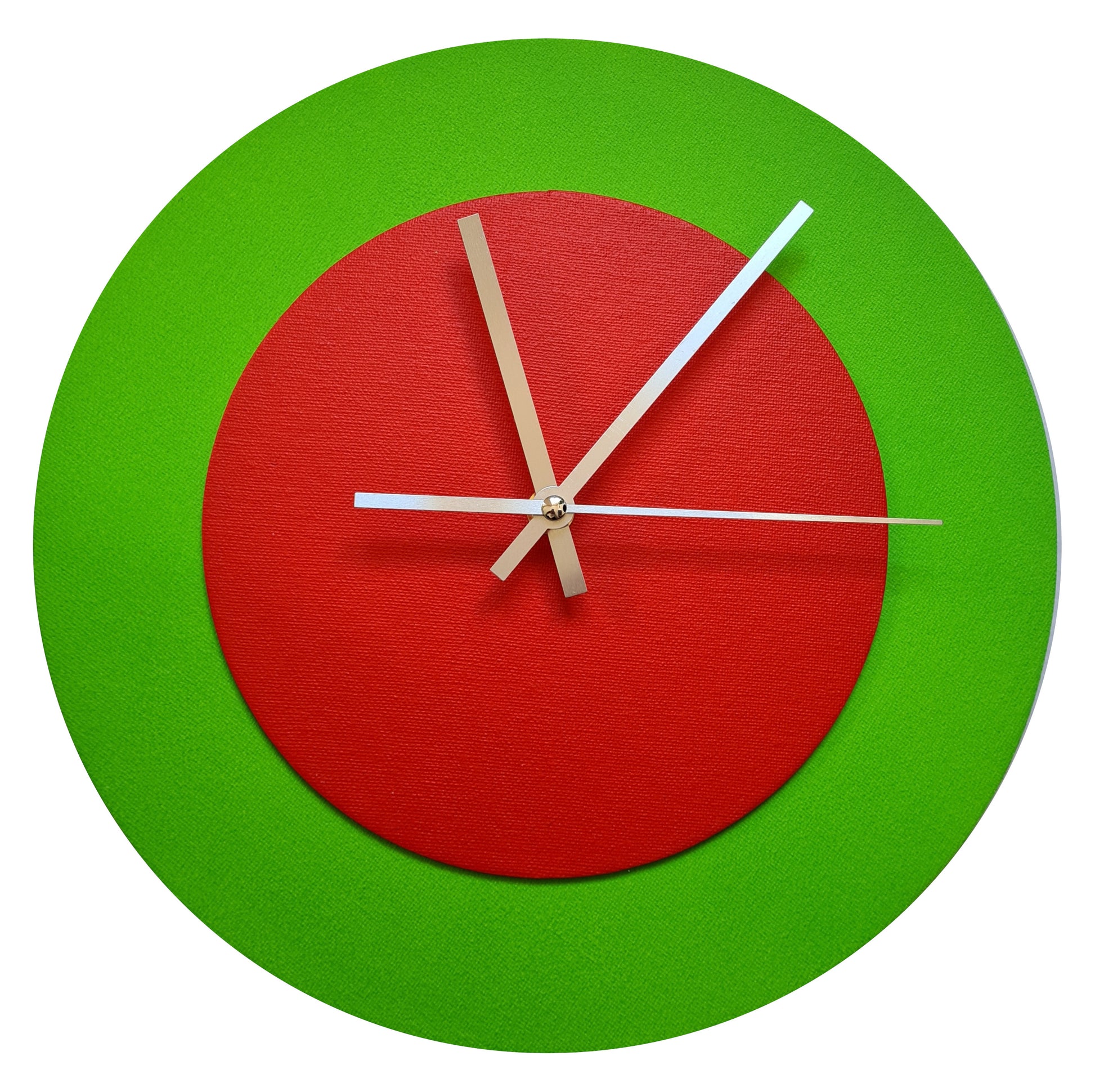 Pop Art Wanduhr Hellgrün  Hellrot mit silbernen Zeigern 30 cm rund
