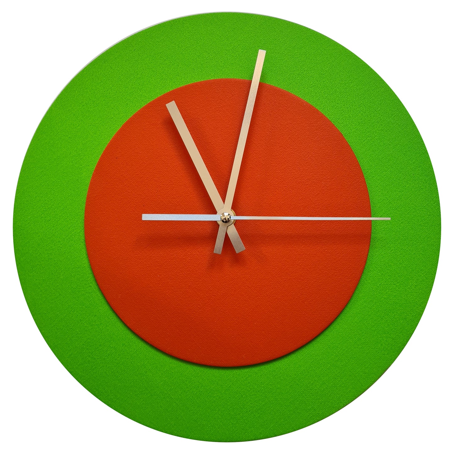 Pop Art Wanduhr Hellgrün  Orangefarben mit silbernen Zeigern 30 cm rund
