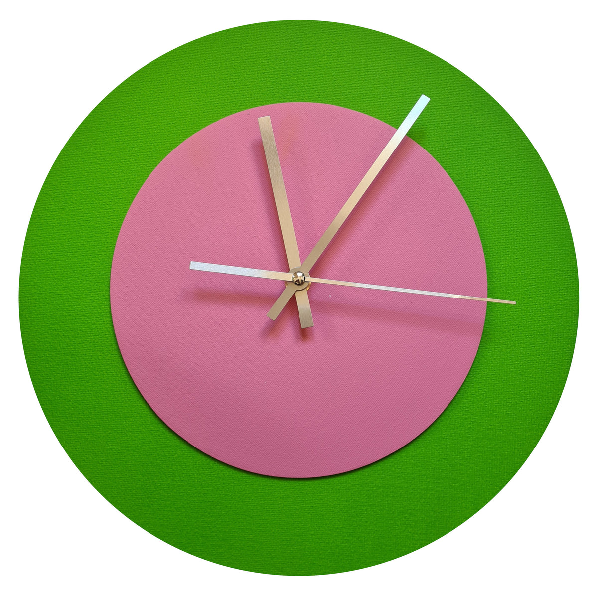 Pop Art Wanduhr Hellgrün  Rosafarben mit goldenen Zeigern 30 cm rund
