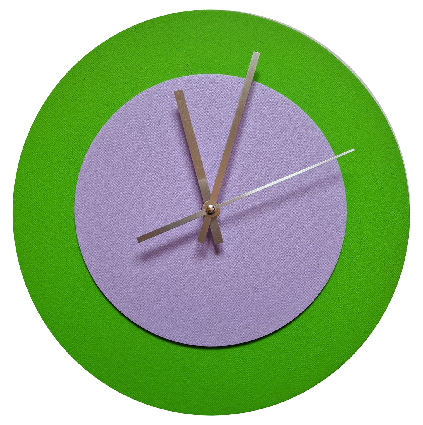 Pop Art Wanduhr Hellgrün  Fliederfarben mit silbernen Zeigern 30 cm rund
