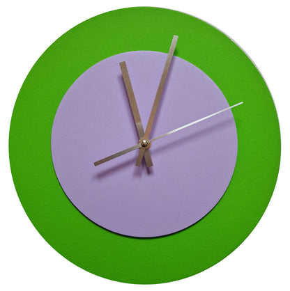Pop Art Wanduhr Hellgrün  Fliederfarben mit silbernen Zeigern 30 cm rund
