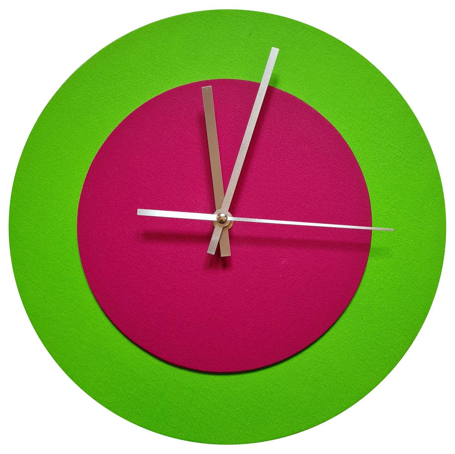 Pop Art Wanduhr Hellgrün  Magentafarben mit silbernen Zeigern 30 cm rund
