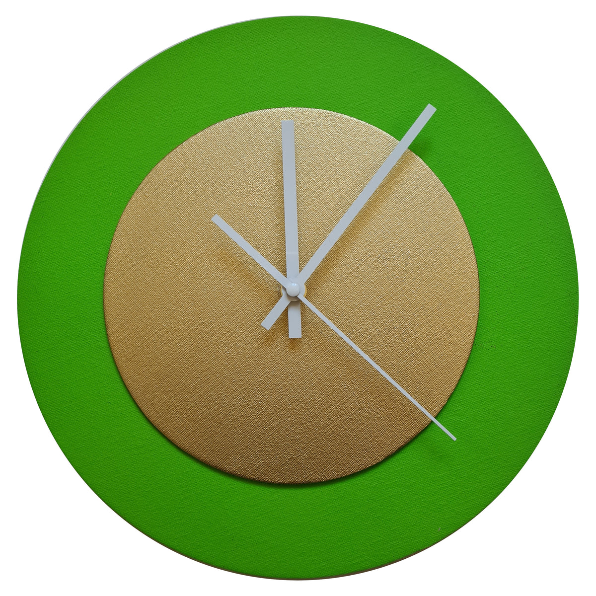 Pop Art Wanduhr Hellgrün  Goldfarben mit weißen Zeigern 30 cm rund
