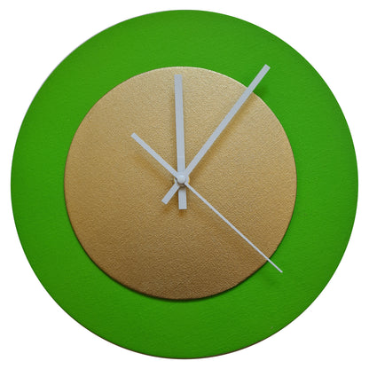 Pop Art Wanduhr Hellgrün  Goldfarben mit weißen Zeigern 30 cm rund
