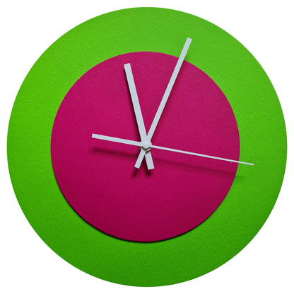 Pop Art Wanduhr Hellgrün  Magentafarben mit weißen Zeigern 30 cm rund
