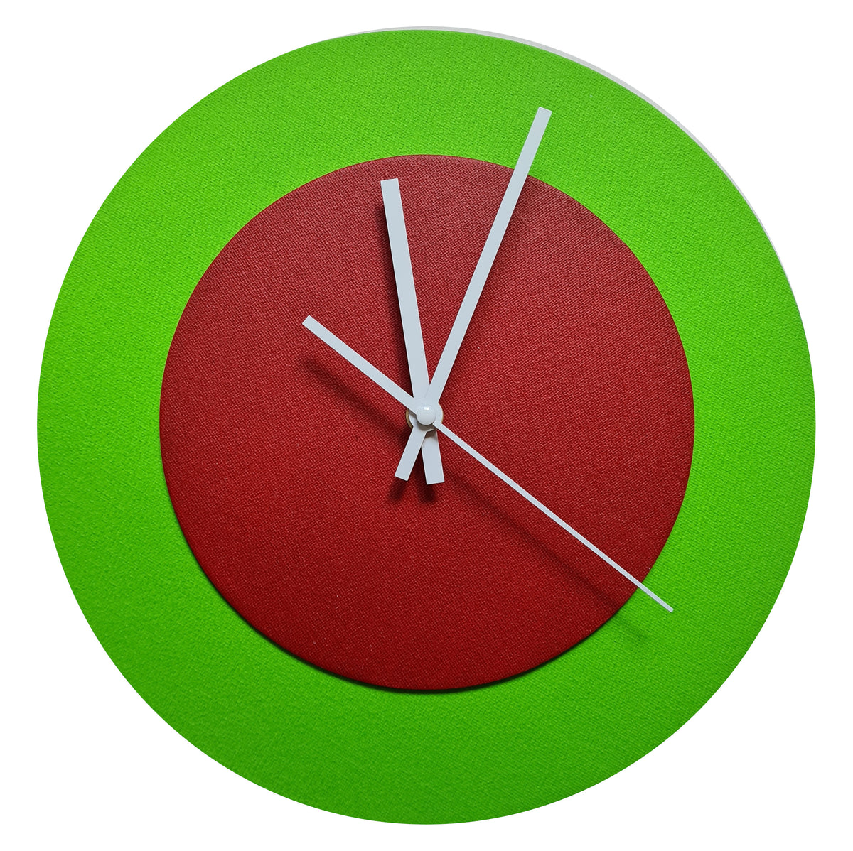 Pop Art Wanduhr Hellgrün  Dunkelrot mit  weißen Zeigern 30 cm rund
