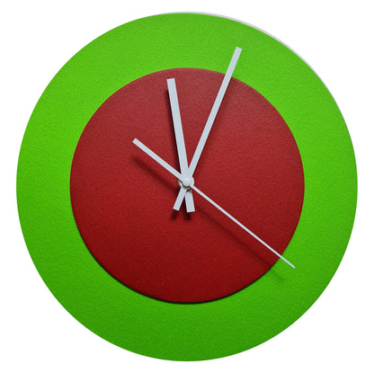 Pop Art Wanduhr Hellgrün  Dunkelrot mit  weißen Zeigern 30 cm rund
