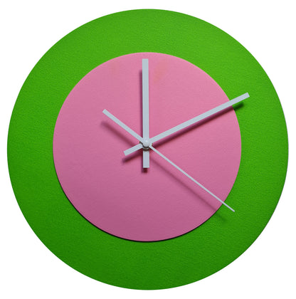 Pop Art Wanduhr Hellgrün  Rosafarben mit weißen Zeigern 30 cm rund
