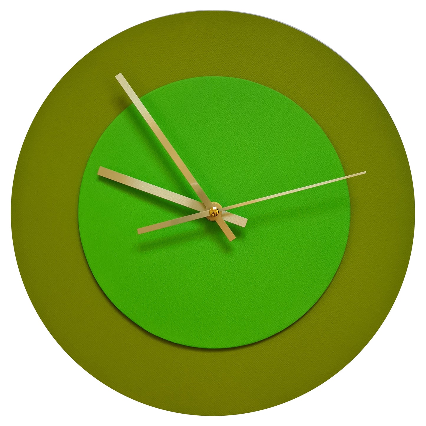 Pop Art Wanduhr Olivgrün  Hellgrün mit goldenen Zeigern 30 cm rund
