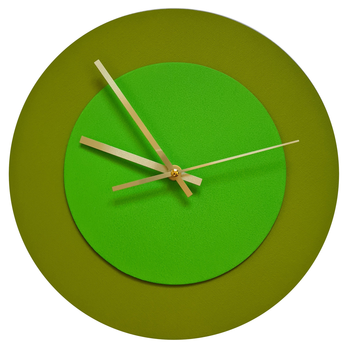 Pop Art Wanduhr Olivgrün  Hellgrün mit goldenen Zeigern 30 cm rund
