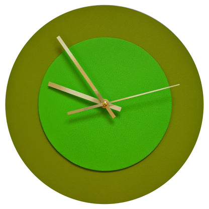 Pop Art Wanduhr Olivgrün  Hellgrün mit goldenen Zeigern 30 cm rund
