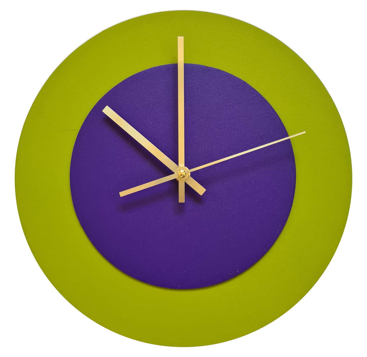 Pop Art Wanduhr Olivgrün  Lilafarben mit goldenen Zeigern 30 cm rund
