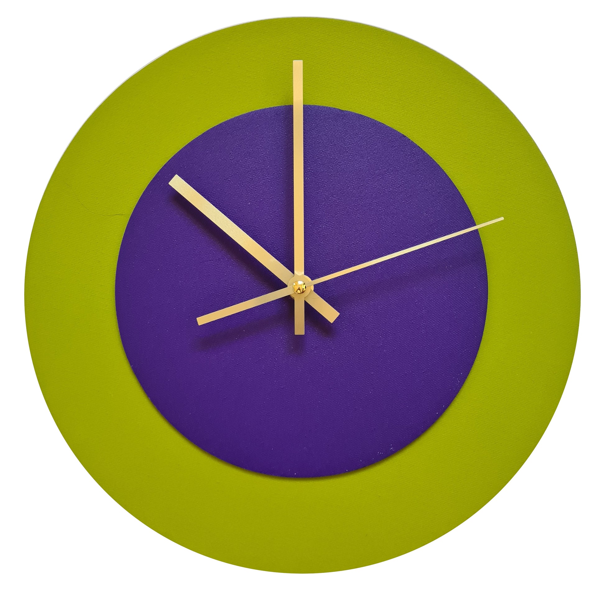 Pop Art Wanduhr Olivgrün  Lilafarben mit goldenen Zeigern 30 cm rund
