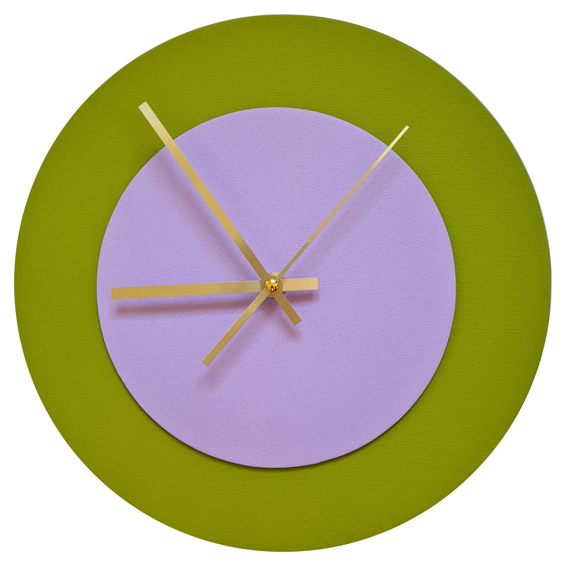 Pop Art Wanduhr Olivgrün  Fliederfarben mit goldenen Zeigern 30 cm rund
