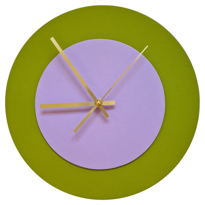 Pop Art Wanduhr Olivgrün  Fliederfarben mit goldenen Zeigern 30 cm rund
