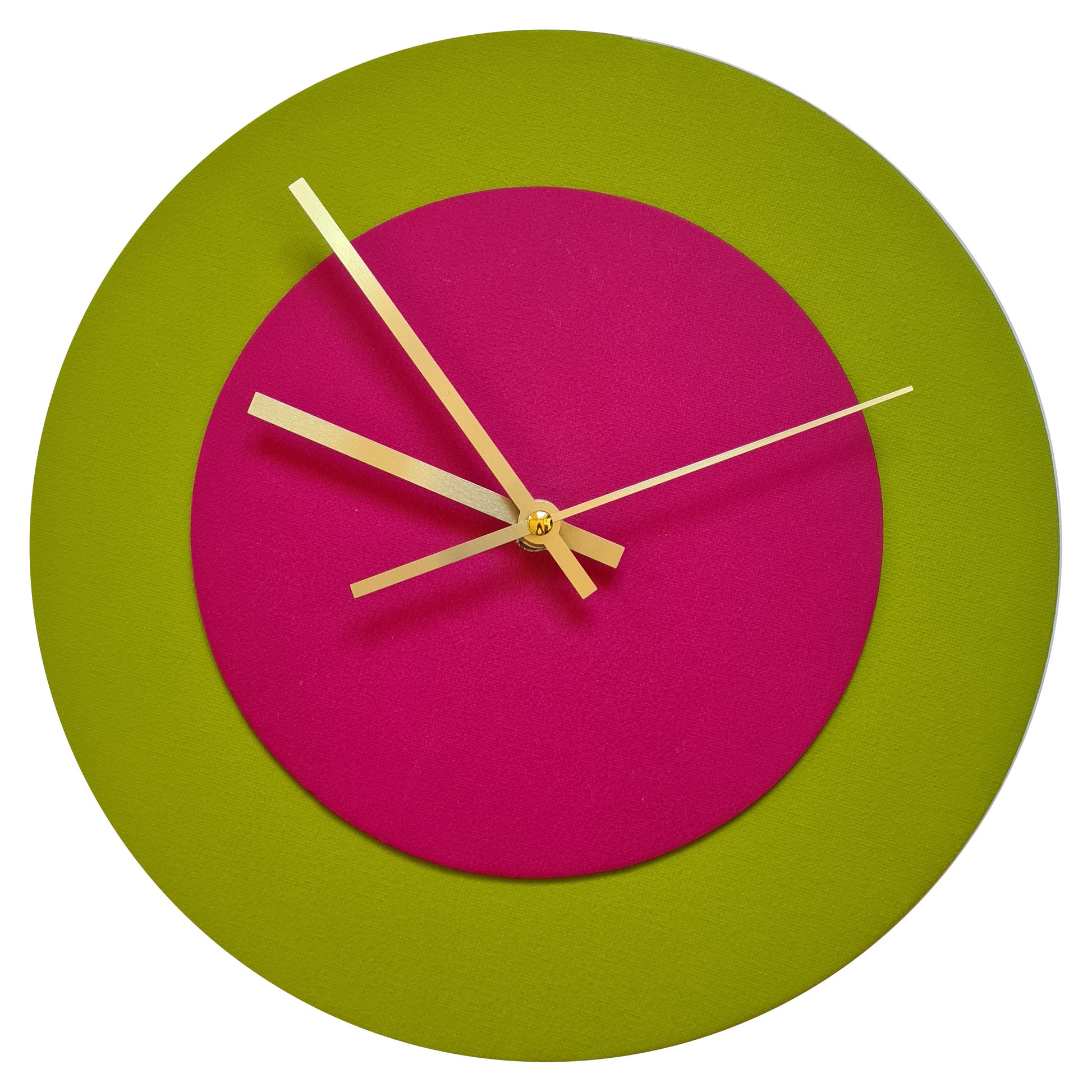 Pop Art Wanduhr Olivgrün  Magentafarben mit goldenen Zeigern 30 cm rund
