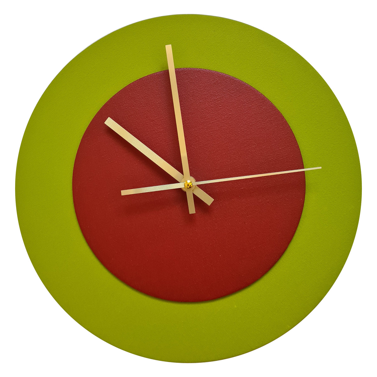 Pop Art Wanduhr Olivgrün  Dunkelrot mit goldenen Zeigern 30 cm rund
