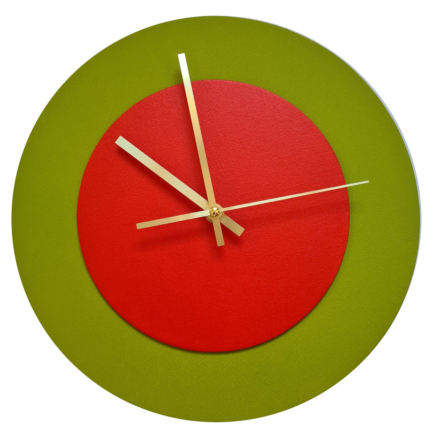 Pop Art Wanduhr Olivgrün  Hellrot mit goldenen Zeigern 30 cm rund
