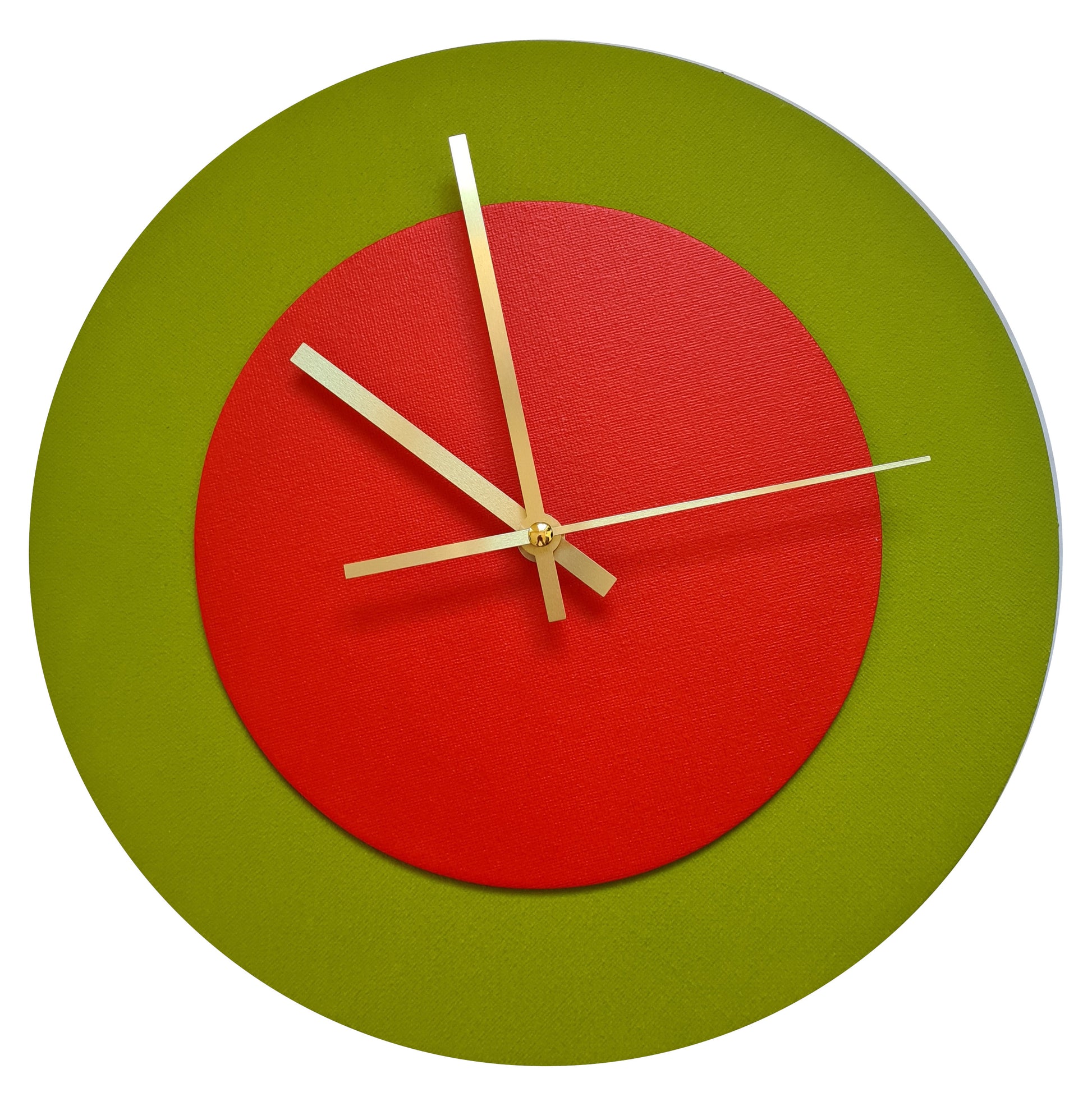 Pop Art Wanduhr Olivgrün  Hellrot mit goldenen Zeigern 30 cm rund
