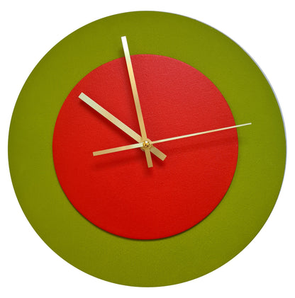 Pop Art Wanduhr Olivgrün  Hellrot mit goldenen Zeigern 30 cm rund
