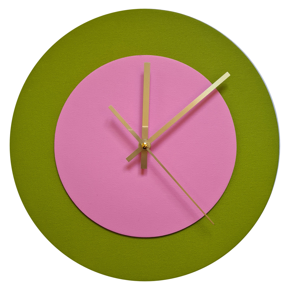 Pop Art Wanduhr Olivgrün  Rosafarben mit goldenen Zeigern 30 cm rund
