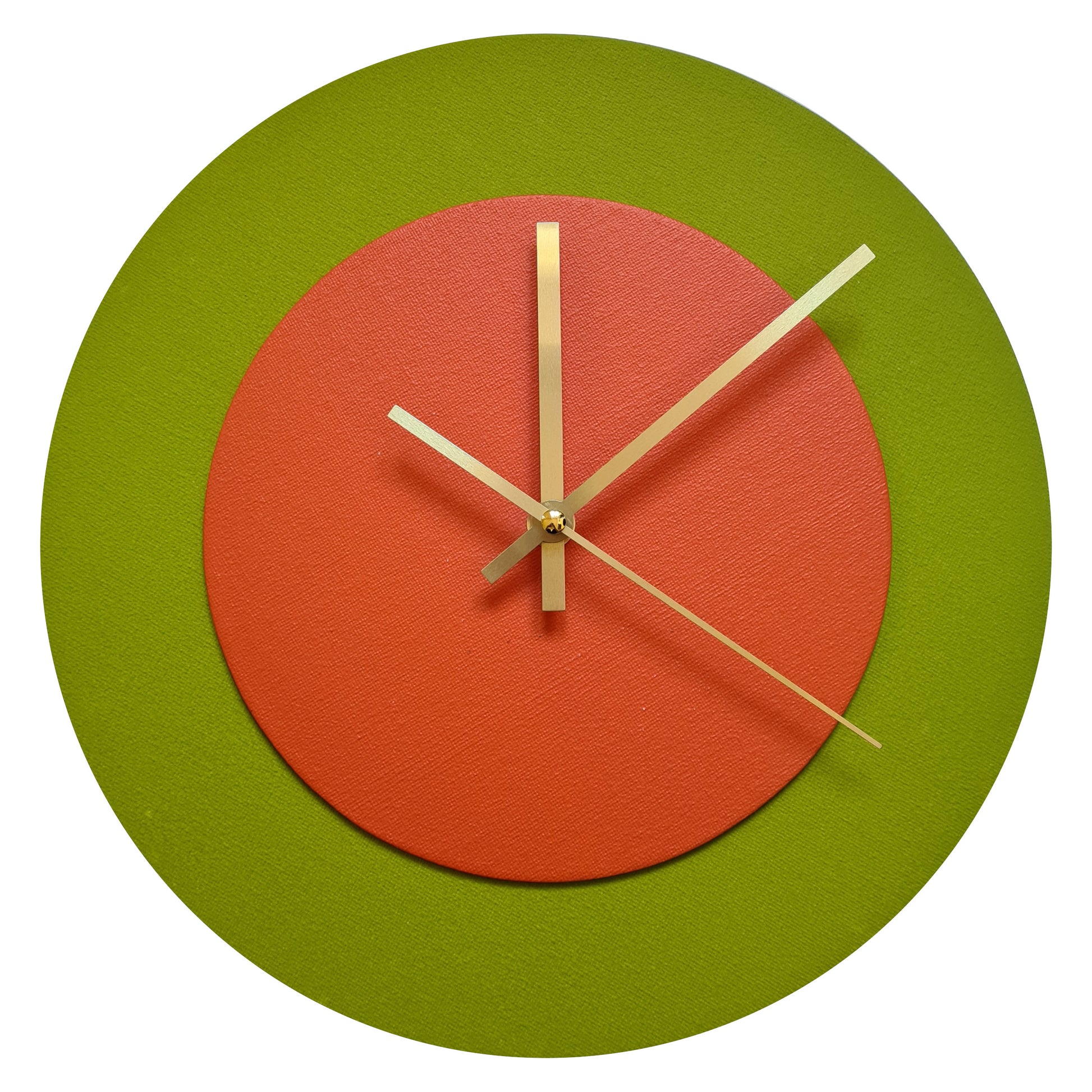 Pop Art Wanduhr Olivgrün  Orangefarben mit goldenen Zeigern 30 cm rund
