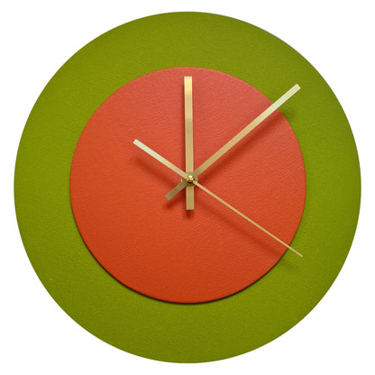 Pop Art Wanduhr Olivgrün  Orangefarben mit goldenen Zeigern 30 cm rund
