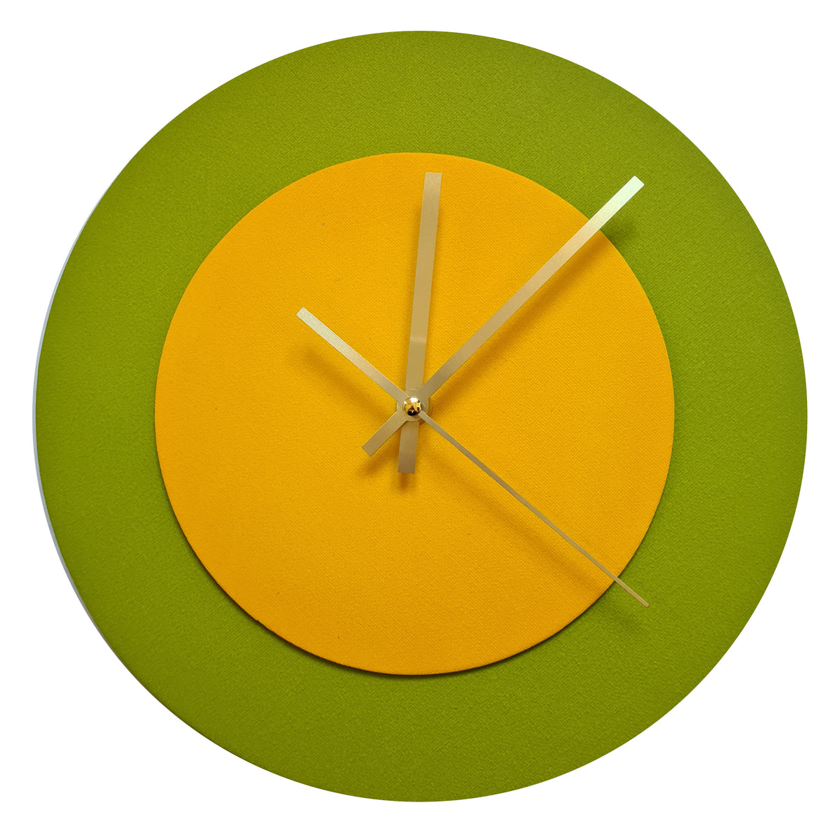 Pop Art Wanduhr Olivgrün  Sonnengelb mit goldenen Zeigern 30 cm rund
