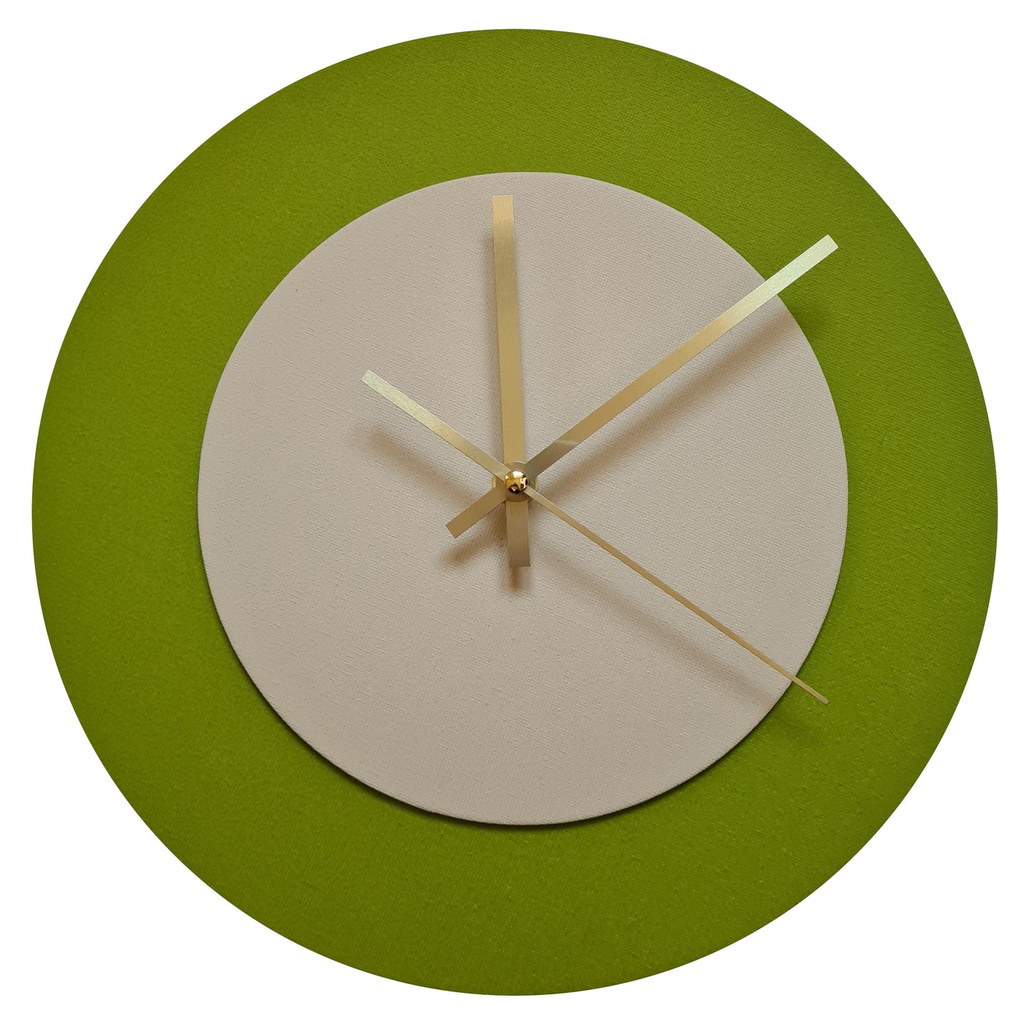 Pop Art Wanduhr Olivgrün  Cremefarben mit goldenen Zeigern 30 cm rund
