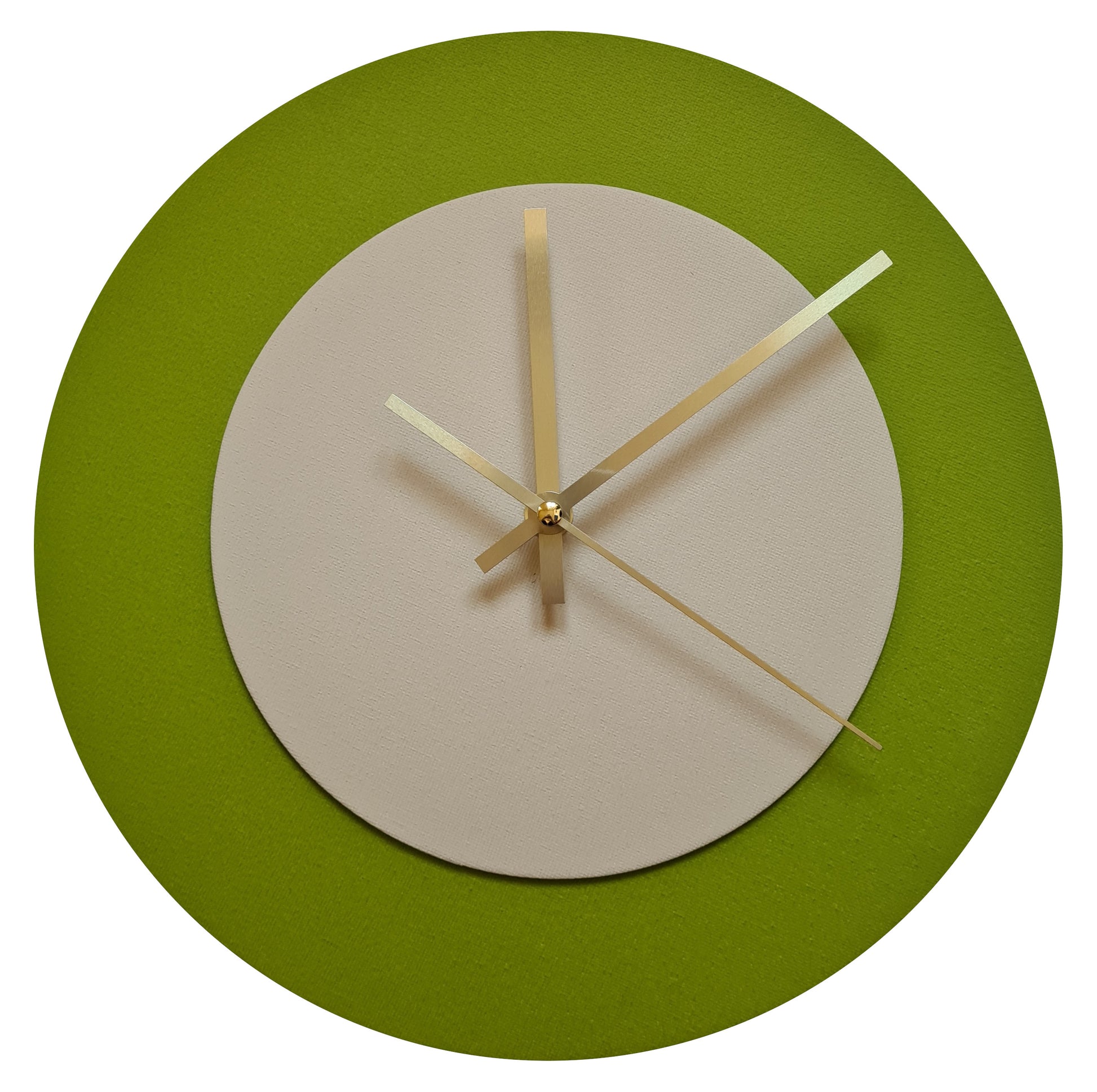 Pop Art Wanduhr Olivgrün  Cremefarben mit goldenen Zeigern 30 cm rund
