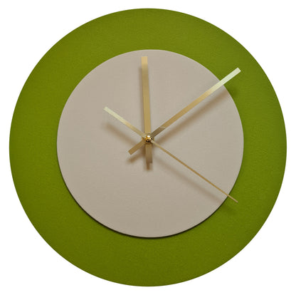 Pop Art Wanduhr Olivgrün  Cremefarben mit goldenen Zeigern 30 cm rund
