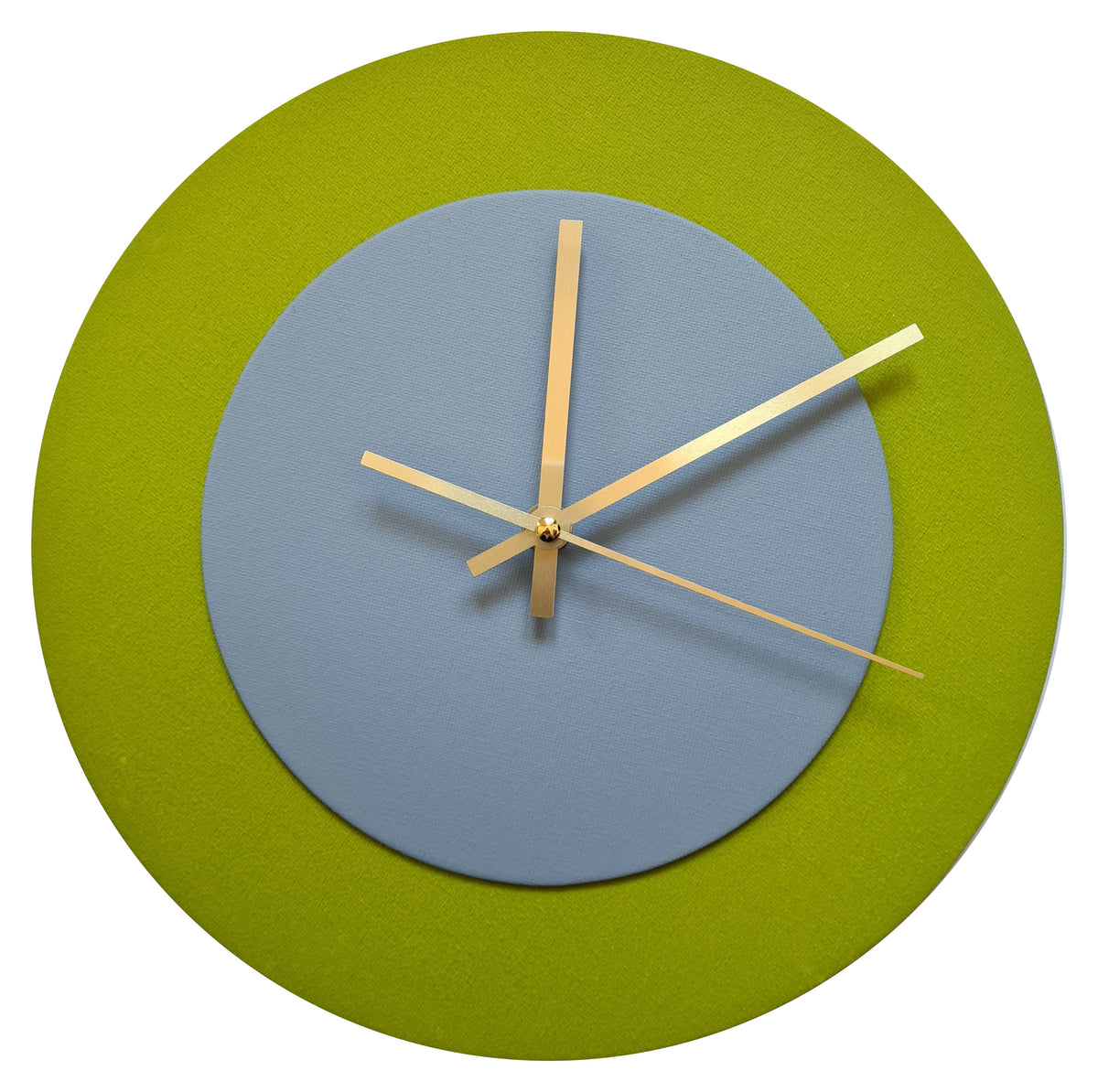 Pop Art Wanduhr Olivgrün  Grau mit goldenen Zeigern 30 cm rund
