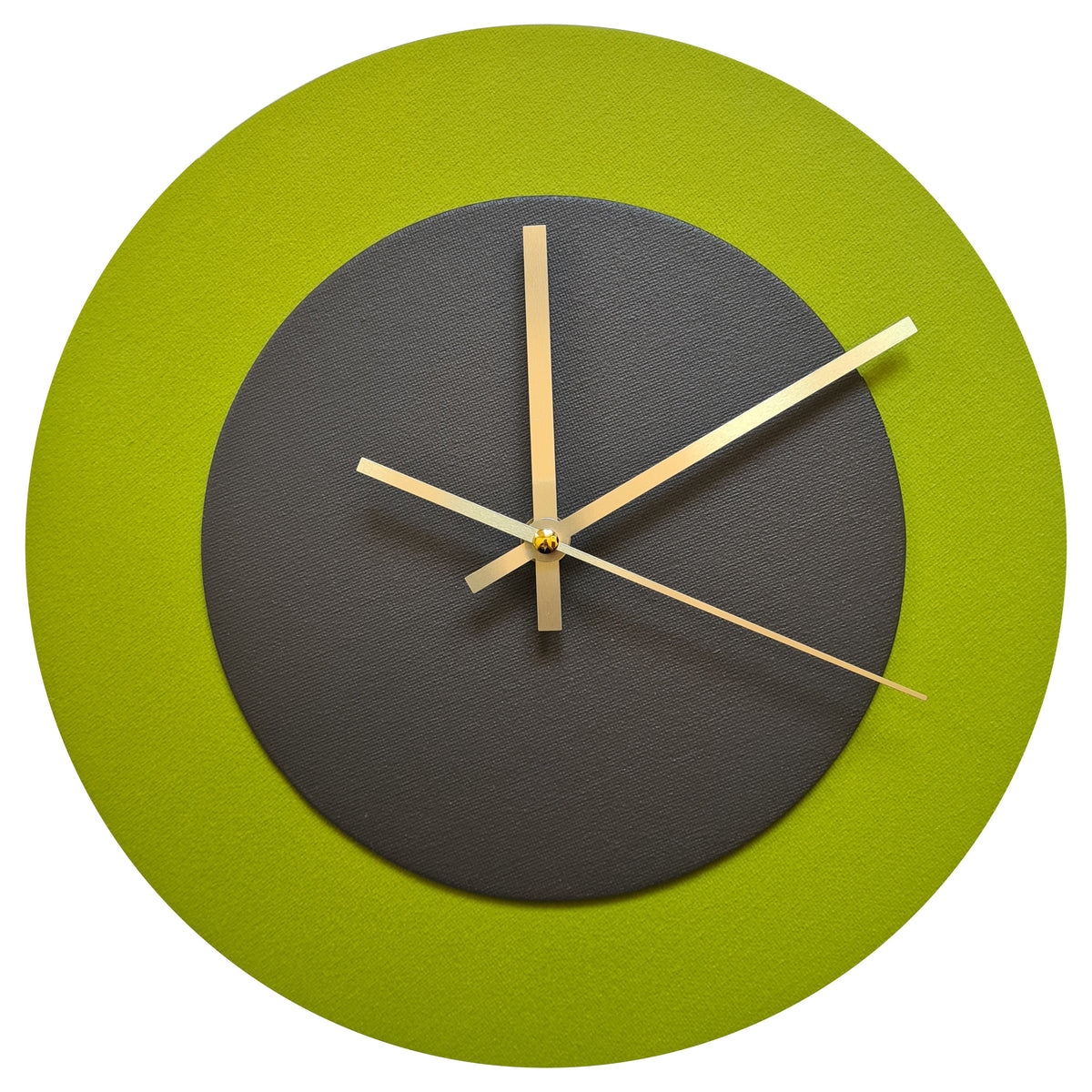 Pop Art Wanduhr Olivgrün  Dunkelbraun mit goldenen Zeigern 30 cm rund
