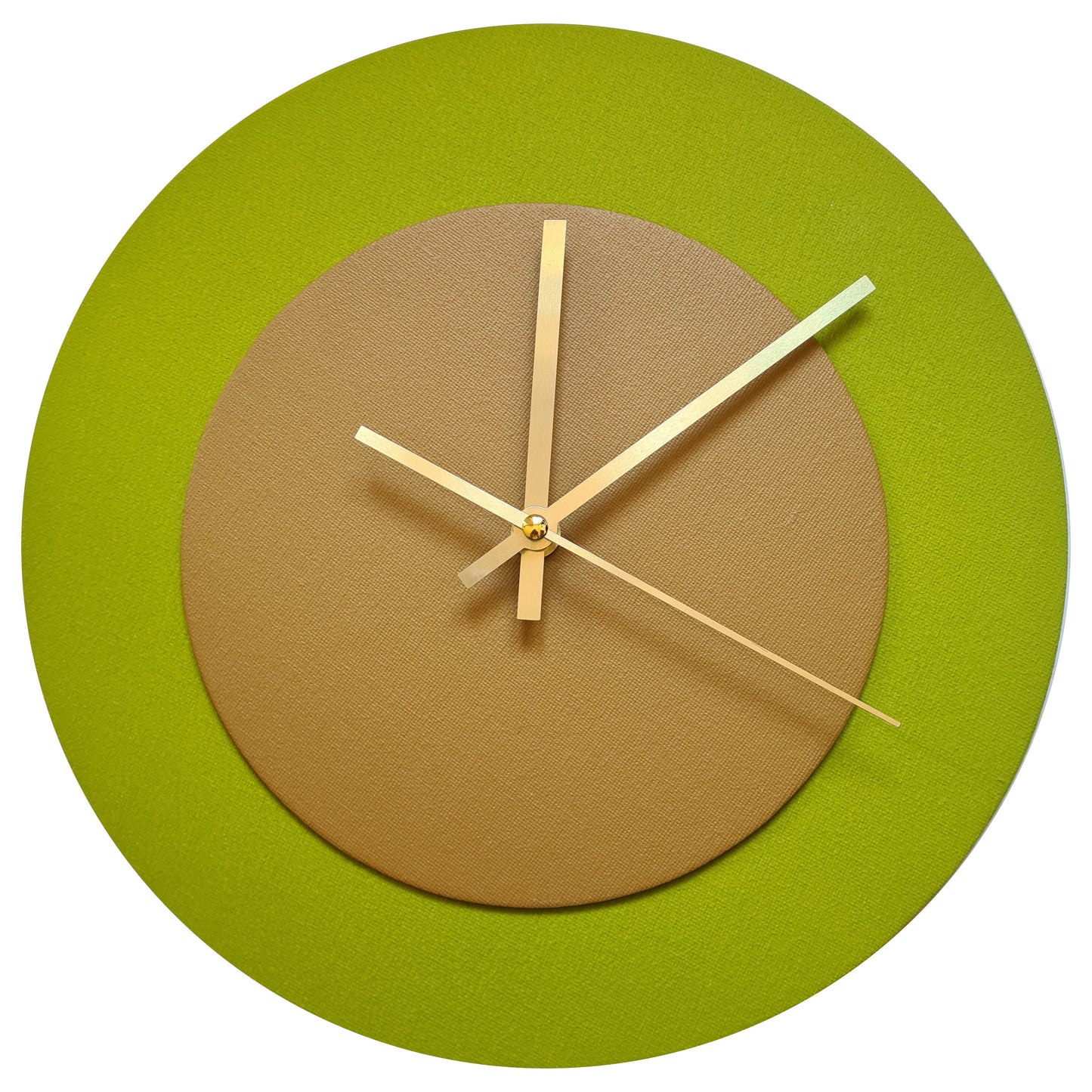 Pop Art Wanduhr Olivgrün  Hellbraun mit goldenen Zeigern 30 cm rund
