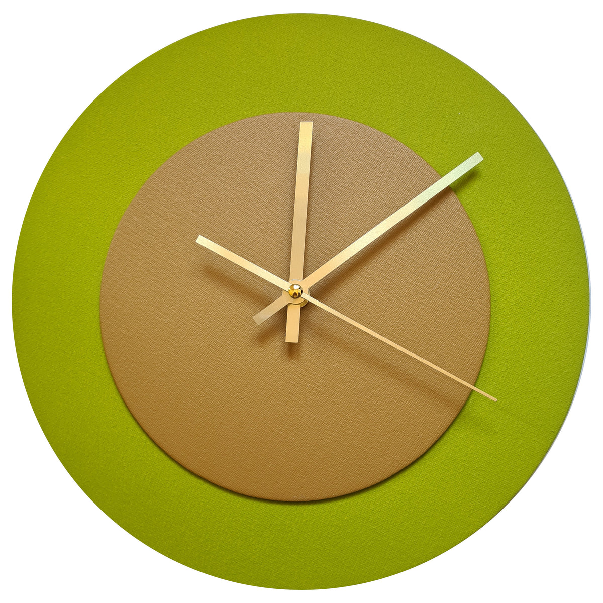 Pop Art Wanduhr Olivgrün  Hellbraun mit goldenen Zeigern 30 cm rund
