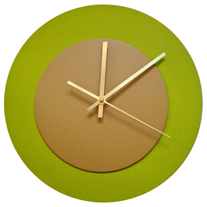 Pop Art Wanduhr Olivgrün  Hellbraun mit goldenen Zeigern 30 cm rund
