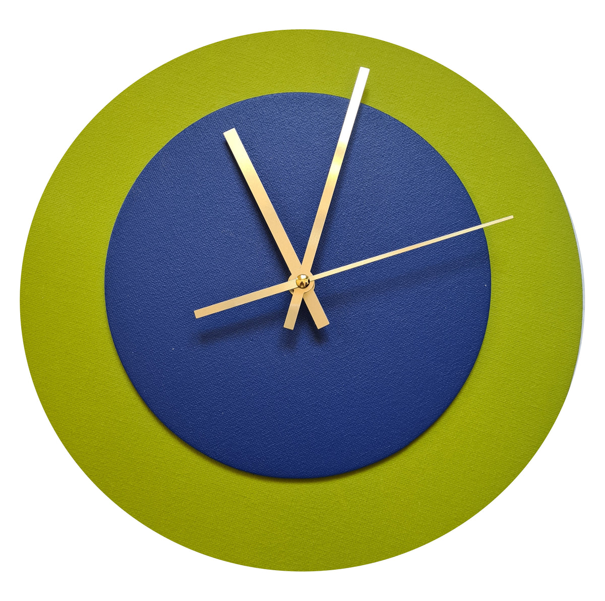 Pop Art Wanduhr Olivgrün  Dunkelblau mit goldenen Zeigern 30 cm rund
