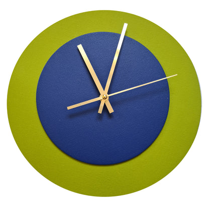 Pop Art Wanduhr Olivgrün  Dunkelblau mit goldenen Zeigern 30 cm rund
