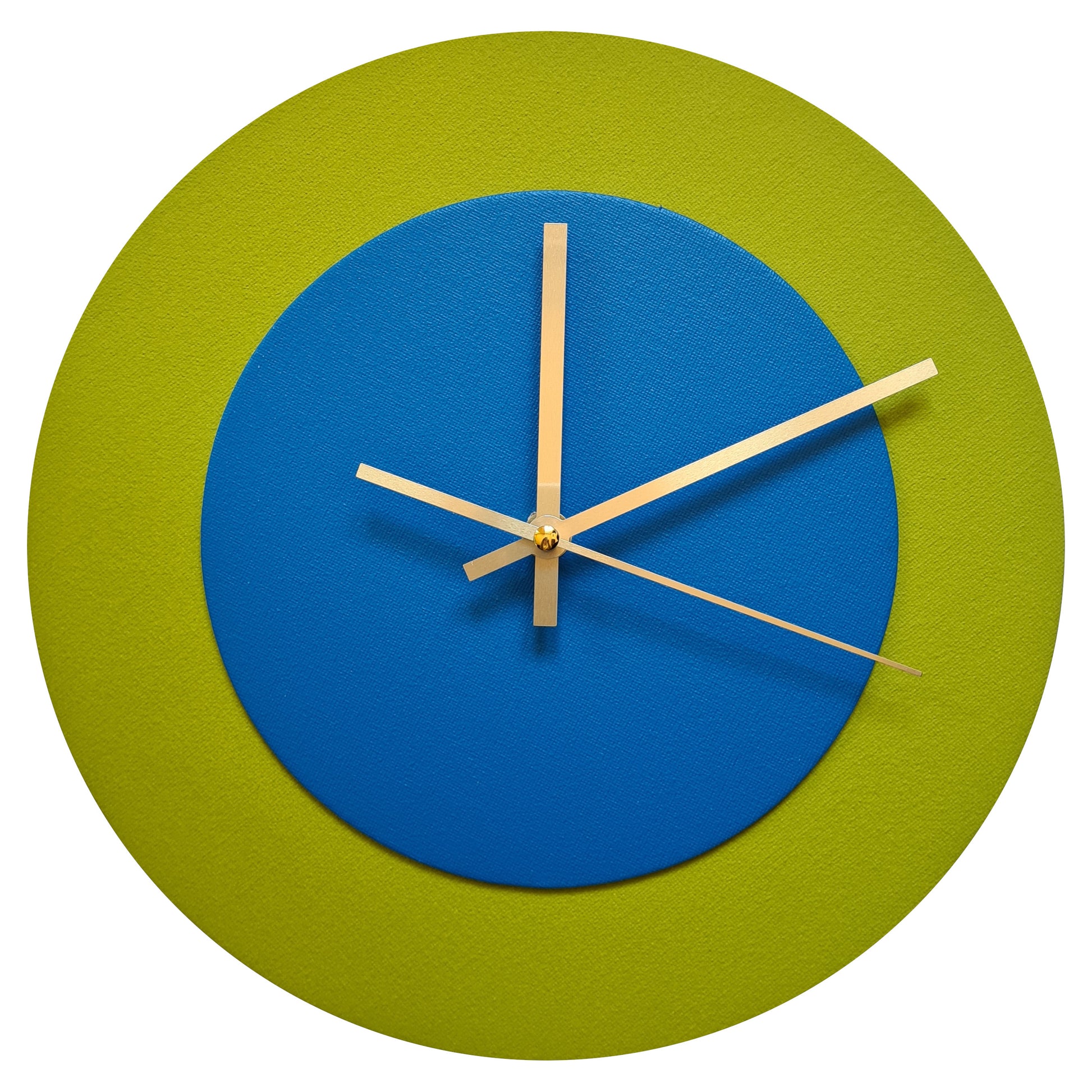Pop Art Wanduhr Olivgrün  Mittelblau mit goldenen Zeigern 30 cm rund
